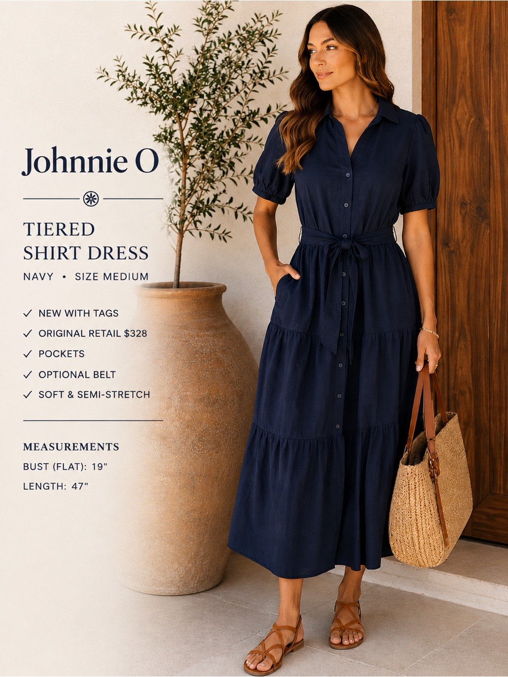 Johnnie-O Navy Tiered Shirt Dress NWT Size Medium